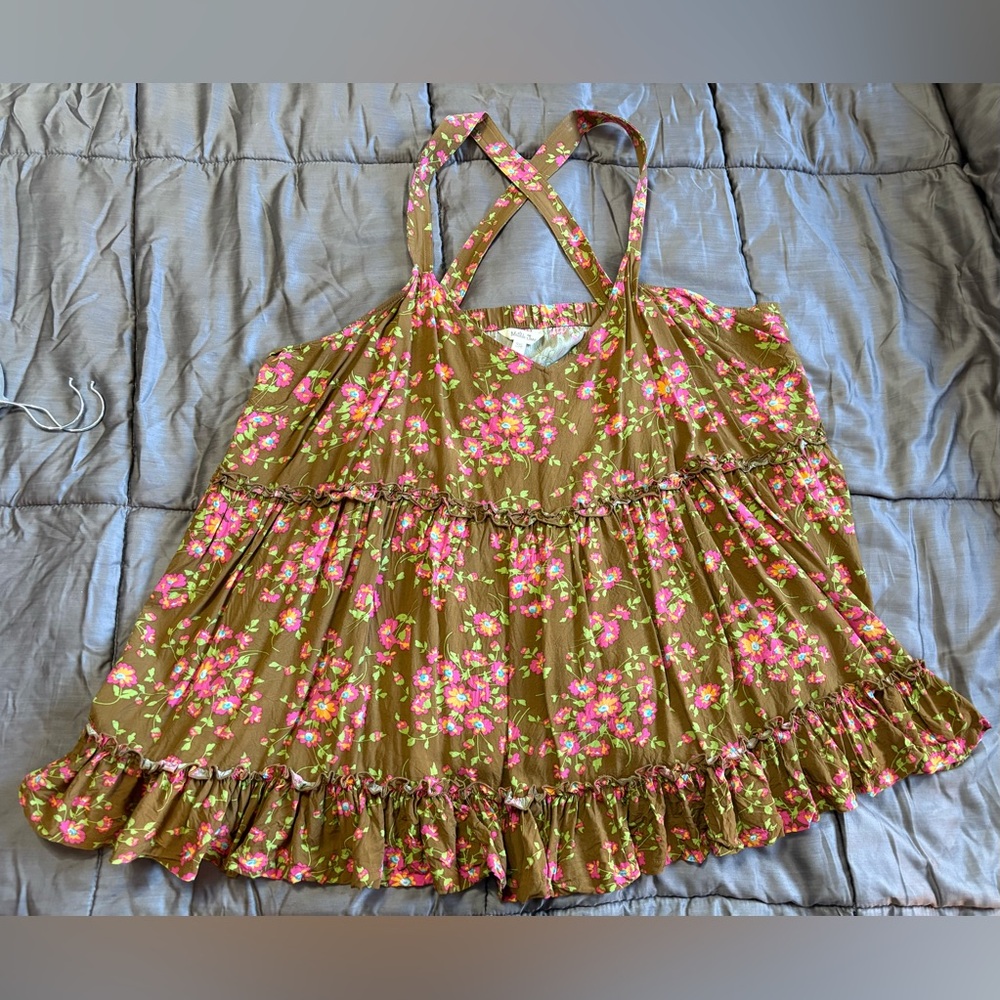 Matilda Jane Olive Green Floral Ruffle Tank Top with Pink Flowers